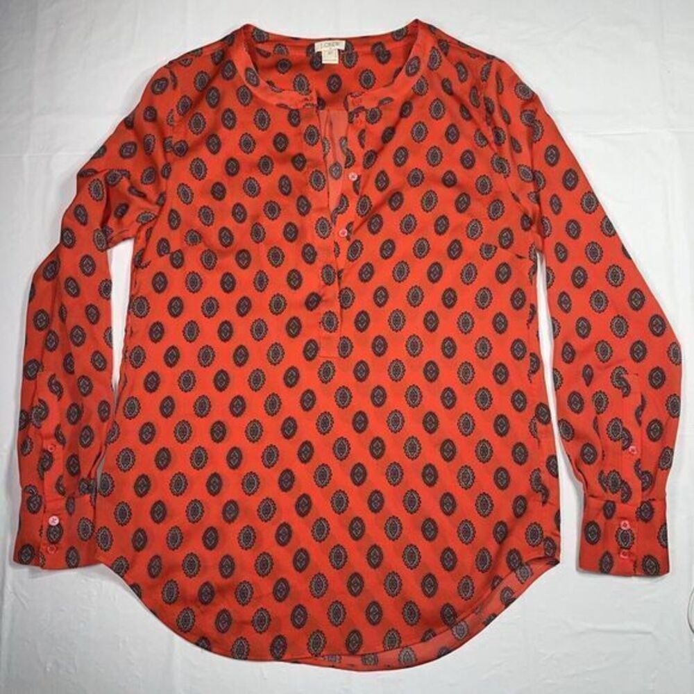 J.Crew Women's‎ Orange Paisley Print Long Sleeve Popover Blouse Shirt Top XS